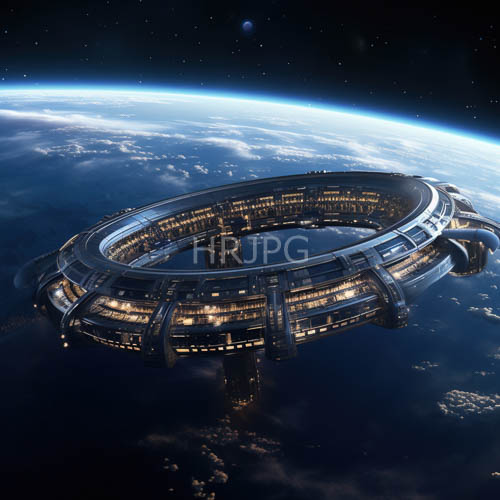 circumferential space station ablaze with human activity at night