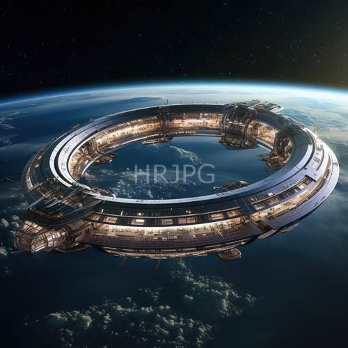 circular space station expands and evolves around earth at night