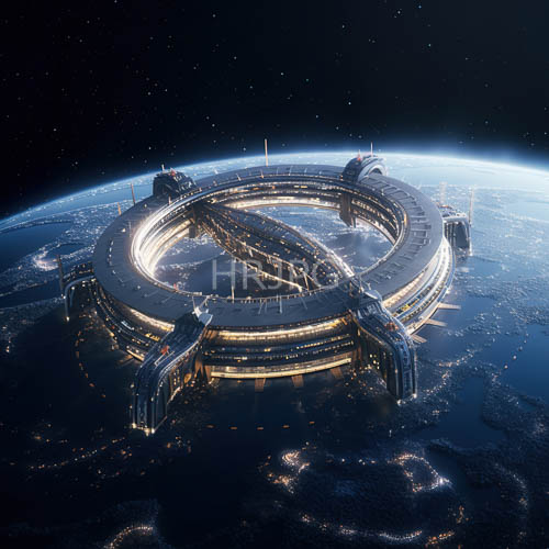 industrialized circular space station orbits earth at night with white lights