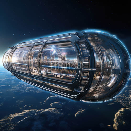 cylindrical space station exterior with intricate metallic textures and glowing blue outlines floating above earth at night