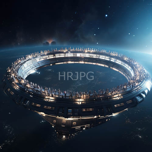 numerous small figures stand on the observation deck of this enormous circular space station observing the earth below at night amidst bright lights along its circumference