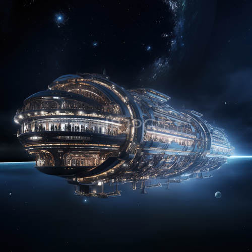 circular windows of enormous cylindrical space station amidst stars and galaxies