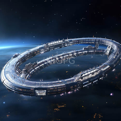circular space station orbits earth at night with multiple levels of windows emitting light