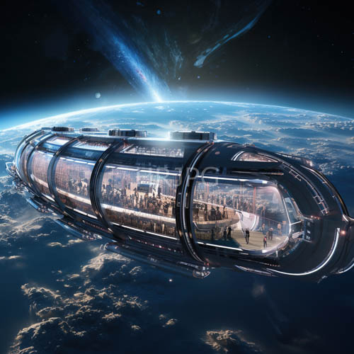 High Resolution: Cylindrical metallic structures float high above the blue Earth curve download. | HRJPG.com