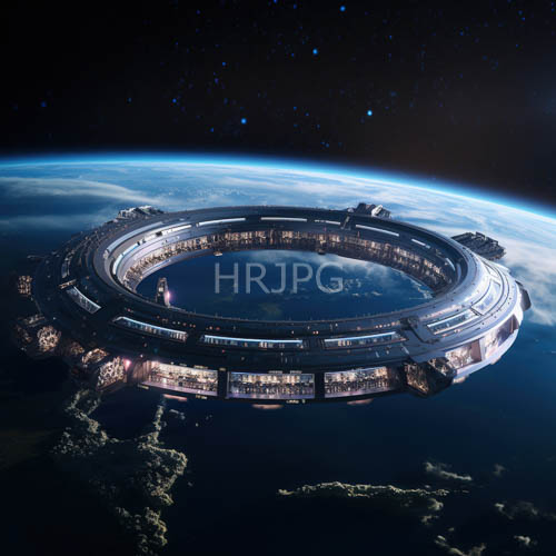 metallic textures and illuminated windows characterize cylindrical space station orbiting earth