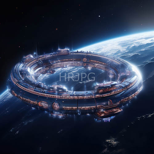 circumference of complex space station illuminated by bright blue and white lights