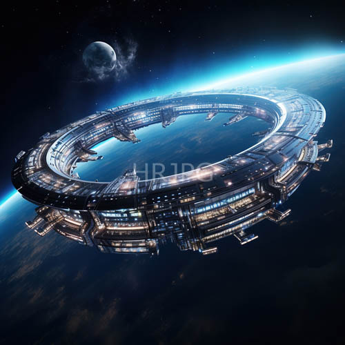 metallic space station orbits earth with looming planet in deep starry sky