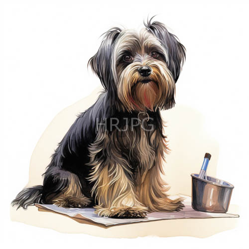shaggy terriers alert posture on artists desk with blue pencil and paper