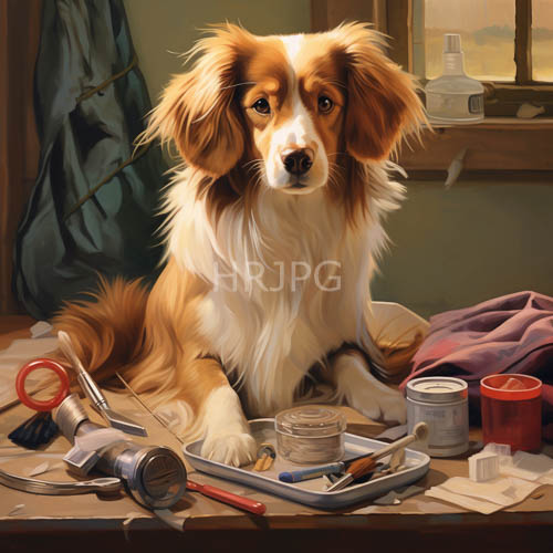 border collie assists artist in cluttered wooden studio with sunlit natural light