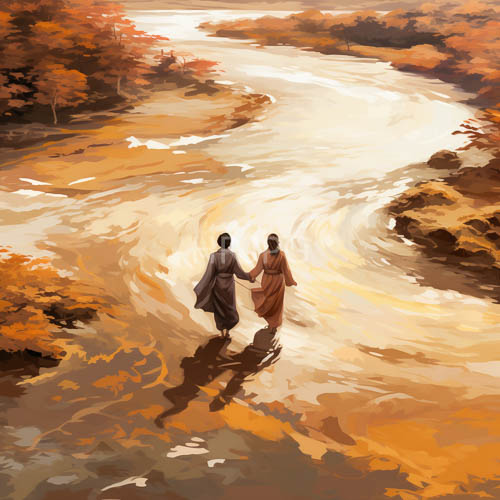 riverbank walkers amidst vibrant orange and gray robes in lateseason foliage
