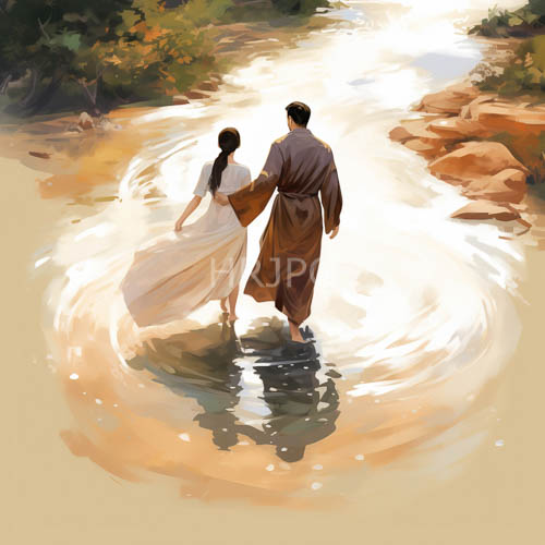 High Resolution: Figures Amidst Shimmering Water in Lush Greenery Under Filtered Light download. | HRJPG.com