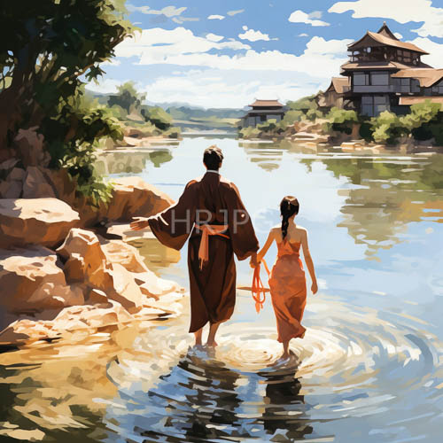 japanese couple strolls handinhand along serene riverbank amidst lush greenery and azure skies