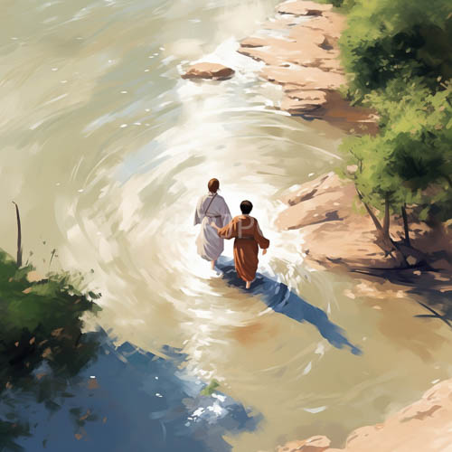 monks walking handinhand among rocky greeneryfilled banks under earthy tones