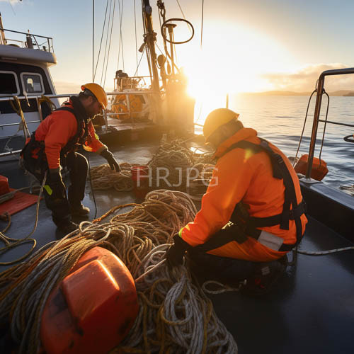 male sailors in orange safety gear untangle ropes on the open ocean deck