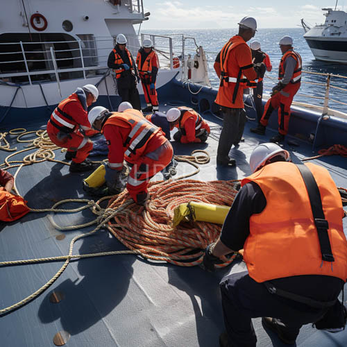 High Resolution: Male crew members coil ropes on offshore vessel deck under blue sunlight download. | HRJPG.com