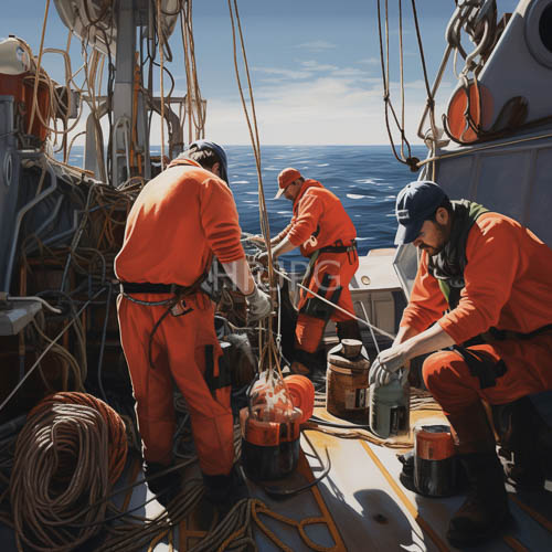 sailors working with coils of rope aboard a ship with striking blue ocean background