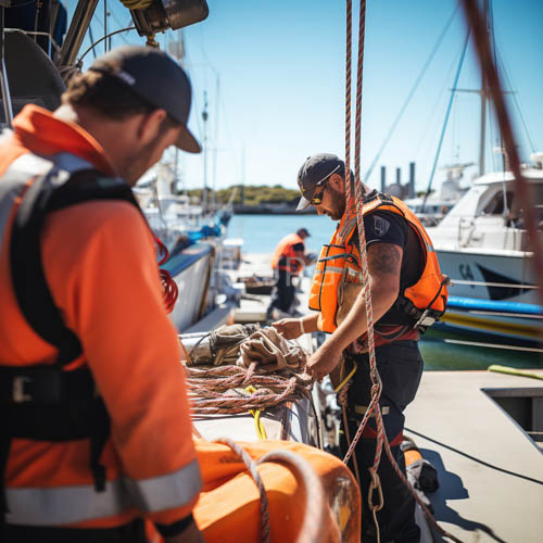 male workers handle ropes on docked sailboats at the marina under clear blue skies
