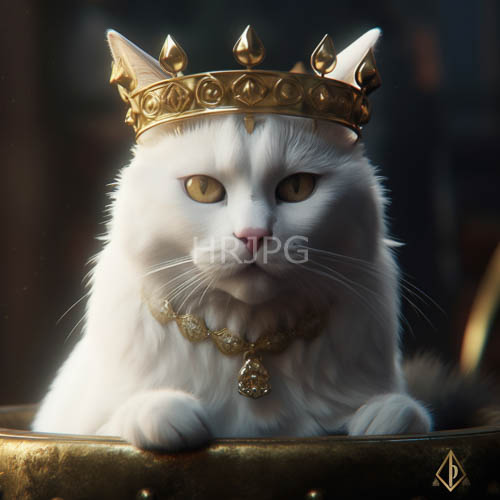 feline royalty adorned with intricate gold crowns and fox pendant