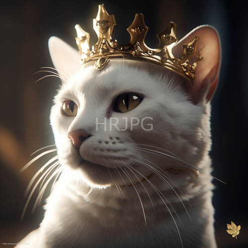 elegant white cat adorned with golden crown in moody