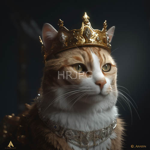 feline regalia adorned tabby cat majestic orange white fur ornate crown
