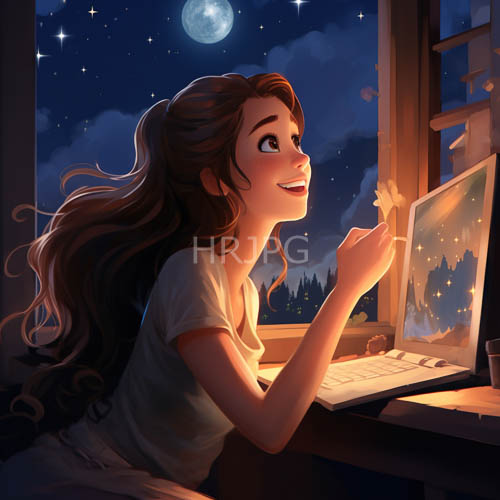 young woman engages in creative work under starfilled night skies
