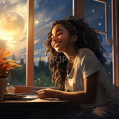 africanamerican woman in windowed nighttime reaches for celestial connection