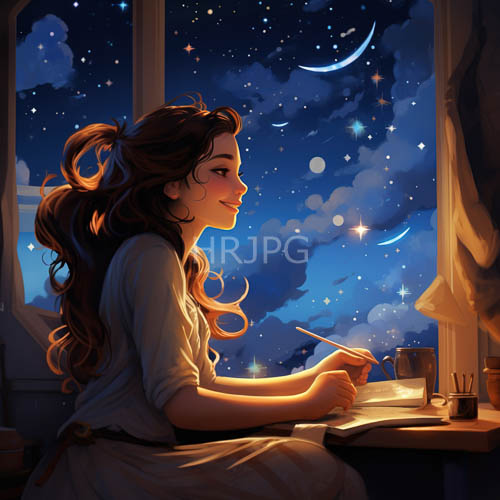 crescent moonlight casts soft shadows across open paper and old books