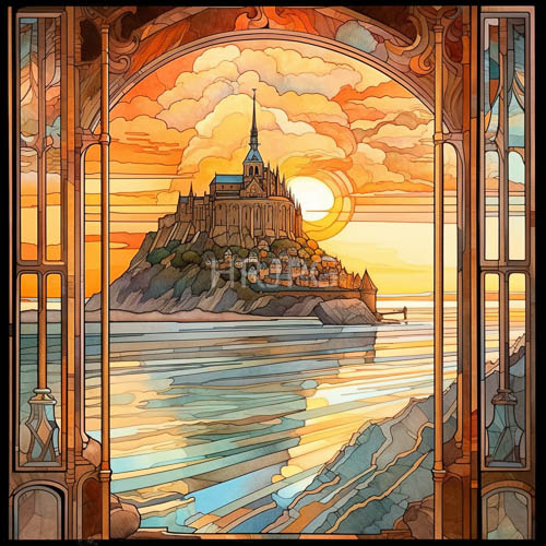 colorful stained glass archways reflect golden sunlight over calm water surfaces