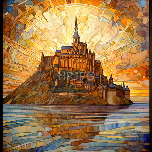 High Resolution: Sunset colors shimmer across water beneath stained glass pattern castle windows download. | HRJPG.com