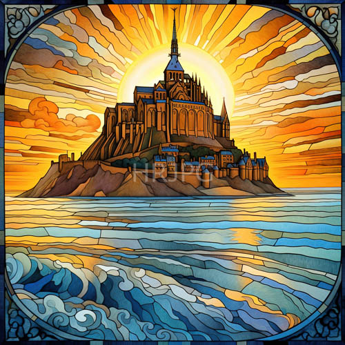 intricate leadwork lines outline stained glass style castles on rocky terrain