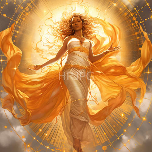 celestial being with dark skin and curly blonde hair floats in golden sunlight and celestial patterns