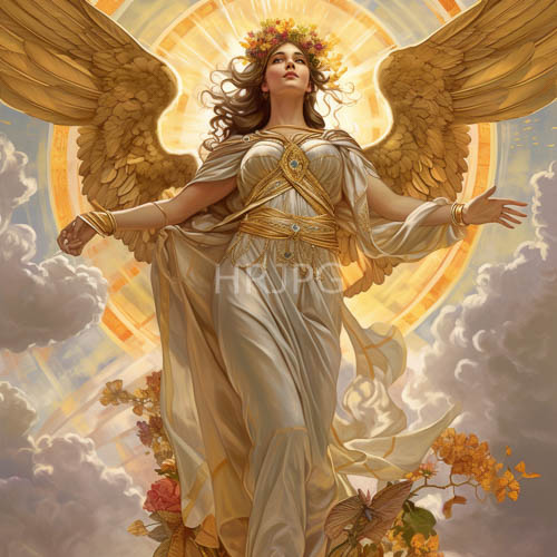 angels regal presence amidst celestial whispers of floral majesty and light
