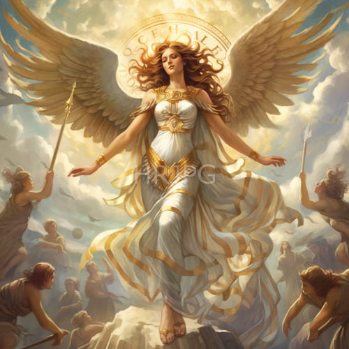 winged goddess illuminates celestial realm with divine knowledge and hope