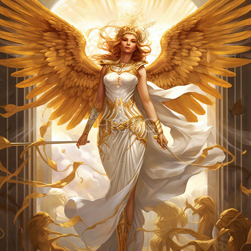 angel guardian of celestial light filters through ancient arches in golden sunlight