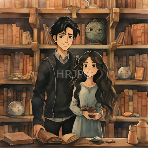 young friends amidst tattered wooden bookshelves in a cozy library setting under flickering light