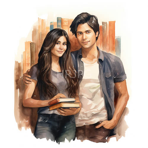 indian couple shares love and literature amidst warm orange and brown book spines in a library setting