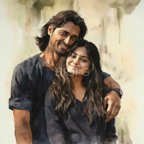 couple smiles together under warm watercolor light in intimate moment
