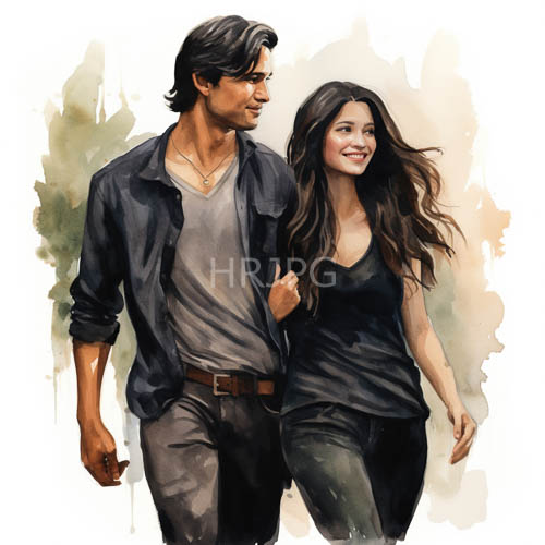 couples stroll together hands entwined amidst citys muted watercolor landscape