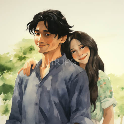 couple standing together in lush asian garden setting with dappled light