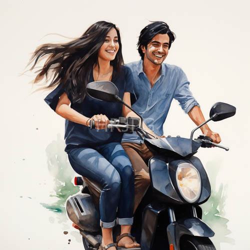 couple on scooter navigating urban landscape amidst mediumtoned architecture and overcast sky
