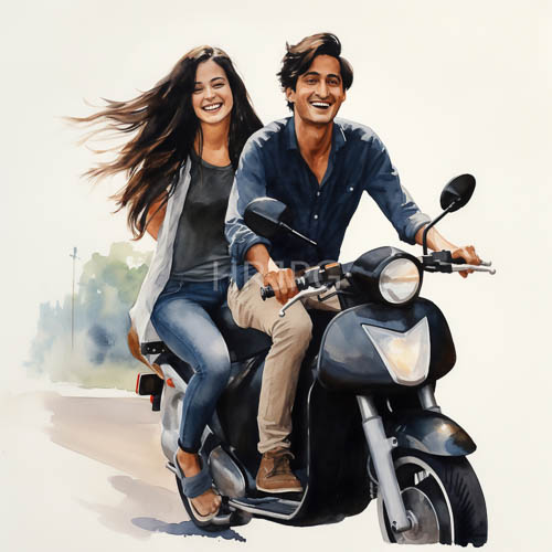 south asian couple riding black scooter through parked greenery on beautiful day