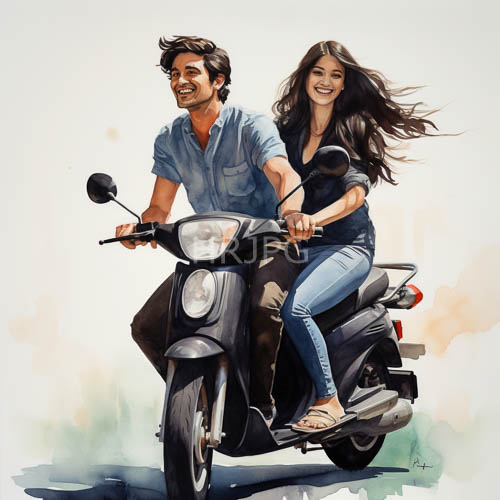 High Resolution: Couples watercolor captures shared joy on a black scooter download. | HRJPG.com