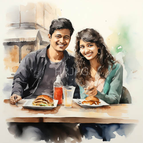 indian couple shares laughter and comfort over burgers and fries in a cozy caf setting