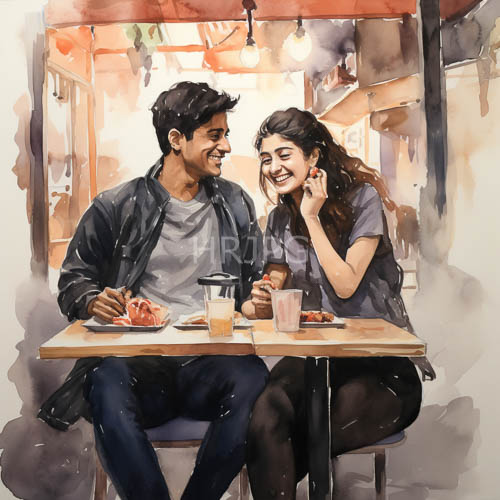 warm red lighting glows over small wooden cafe tables and chairs