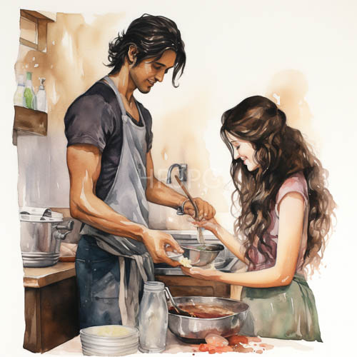 muscular man and slender woman cook together in kitchen with warm tones and inviting atmosphere