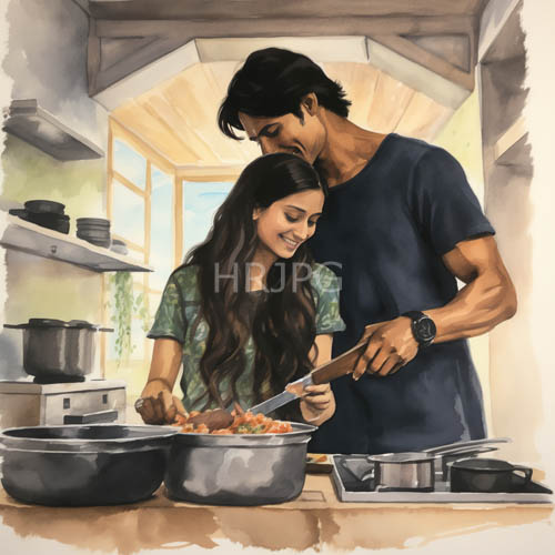 green patterned shirts contrast against long black hair in sunlit kitchens