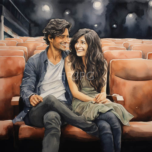 couple seated amidst theater seating orange hues flickering stage lights