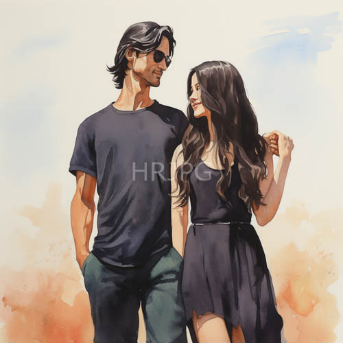 watercolor backgrounds in fluid blue and orange hues frame couple embracing each others smiling faces