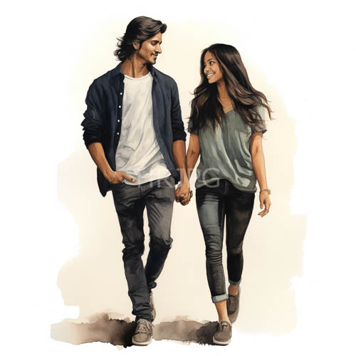 south asian couple walking forward in navy blue and white art