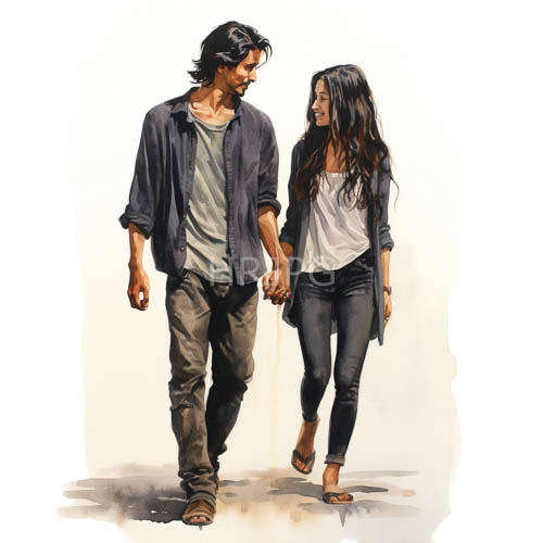 white watercolor paper isolates two figures walking hand in hand